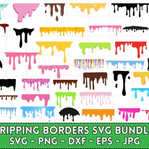 May include: A digital download of 20 SVG files featuring dripping borders in various colors, including pink, blue, green, yellow, orange, red, brown, and black. The borders are perfect for adding a fun and whimsical touch to your designs.