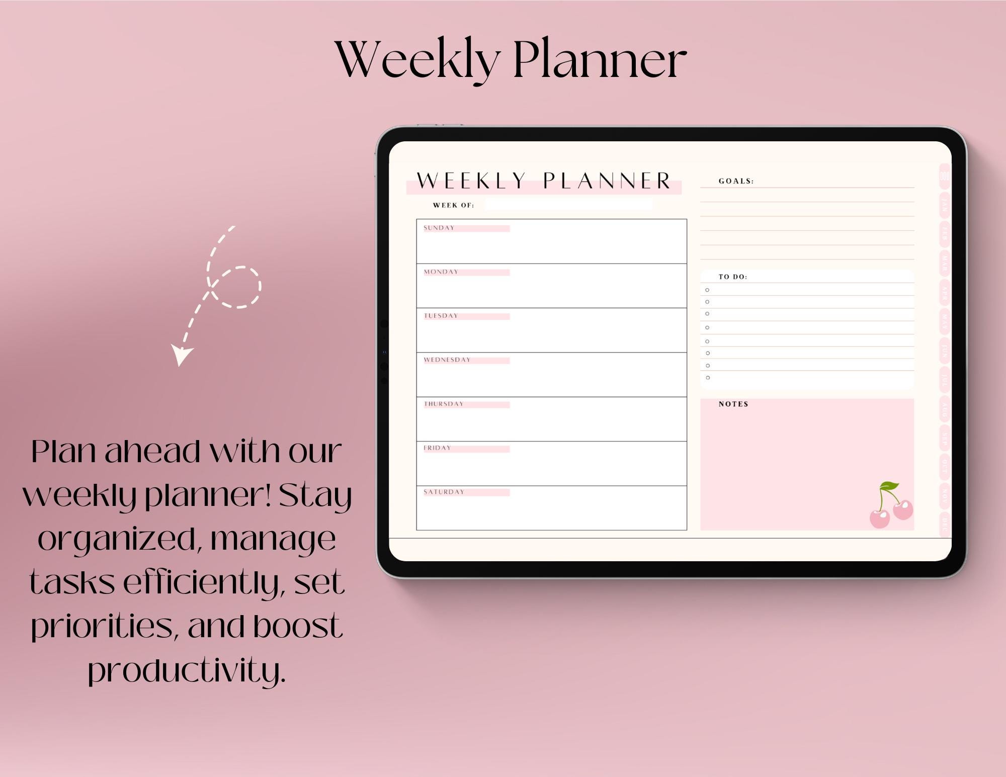 Light Pink Cherry and Bow Undated Digital Planner | Simple Hyperlinked ...