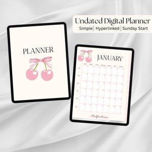 Rosa ästhetischer digitaler Planer | Undatierte, verknüpfte PDF mit Kirschen & Schleifen | Einfaches und niedliches digitales Notizbuch für iPad und GoodNotes