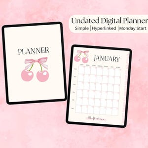 Undatierter digitaler Planer | Montag Start | Verlinkter rosa ästhetischer Planer mit Kirschen und Bögen | Einfacher & süßer GoodNotes Planer für das iPad