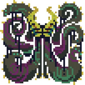 May include: A pixel art design of a butterfly with black, purple, green, and yellow wings. The butterfly is surrounded by a swirling pattern of black, purple, and green.