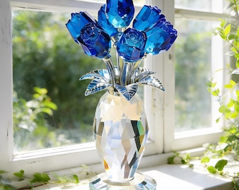 Crystal Glass Rose Flower Ornament, Glass Rose Bouquet Decor, Romantic Gift for Her Mom, Anniversary Birthday, Valentine’s Day Home Decor