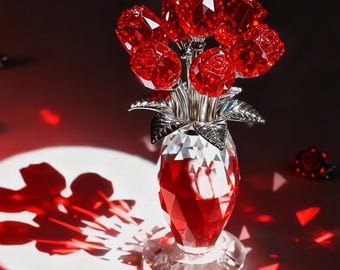 Handmade Crystal Glass Rose Bouquet Ornament, Romantic Rose Decor, Gift for Mom & Her, Anniversary Valentine’s Day, Home Decor