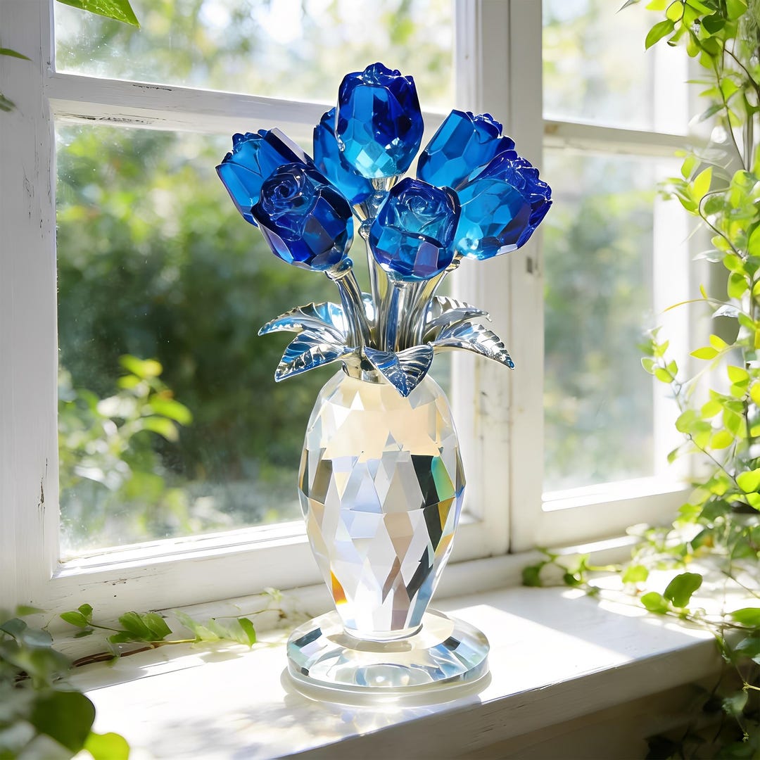 Crystal Glass Rose Flower Ornament, Glass Rose Bouquet Decor, Romantic ...