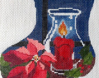 Hurricane Lamp Poinsettia Stocking Needlepoint Canvas, Christmas Ornament, 18 Mesh, Hand Painted, Jane Aurich Designs