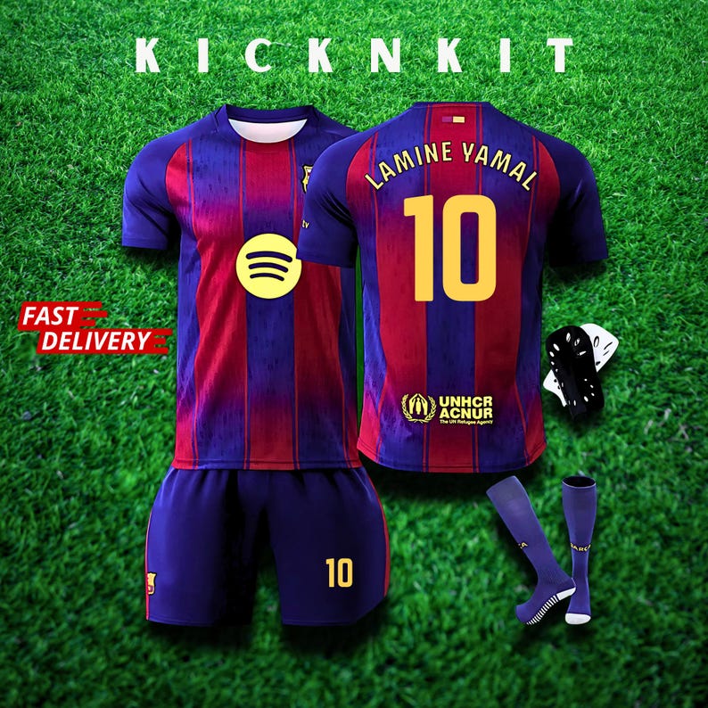 May include: A complete soccer kit featuring a jersey and shorts with vertical red and blue stripes. The jersey has the number 10 and the name "LAMINE YAMAL" on the back. The kit includes socks and shin guards. The text "KICKNKIT" and "FAST DELIVERY" are also visible.