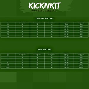 May include: A size chart for football jerseys, with measurements in centimeters and kilograms. The chart includes sizes for children and adults, detailing top length, pant length, chest, height, and weight.