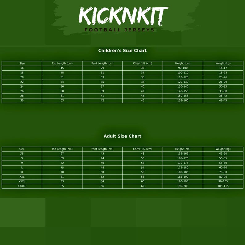 May include: A size chart for football jerseys, with measurements in centimeters and kilograms. The chart includes sizes for children and adults, detailing top length, pant length, chest, height, and weight.