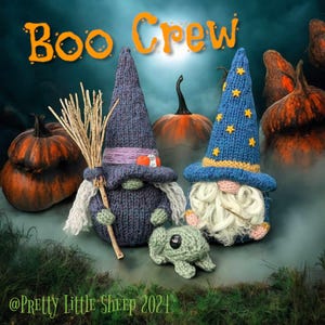 Puede incluir: Dos gnomos de punto vestidos de bruja y mago, con una pequeña rana verde, frente a un fondo de calabazas naranjas y un cielo nublado azul y verde. El texto "Boo Crew" está en la parte superior de la imagen.