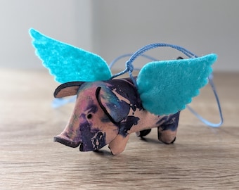 Tie-dye molded leather flying pig rearview mirror car charm | two tails