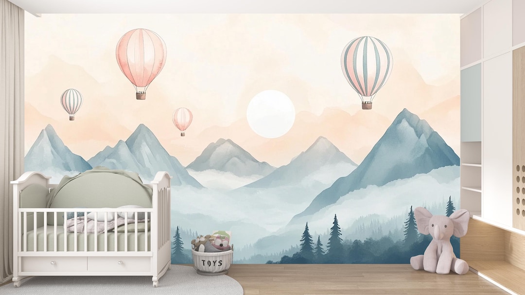 Hot Air Balloon Wall Mural Wallpaper | Misty Mountain Nursery Scene ...