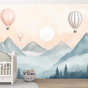 Balloon Drift | Hot Air Balloon Wall Mural | Misty Mountain Wallpaper | Soft Sky Peel and Stick Mural for Nursery or Kids Room | BL17K