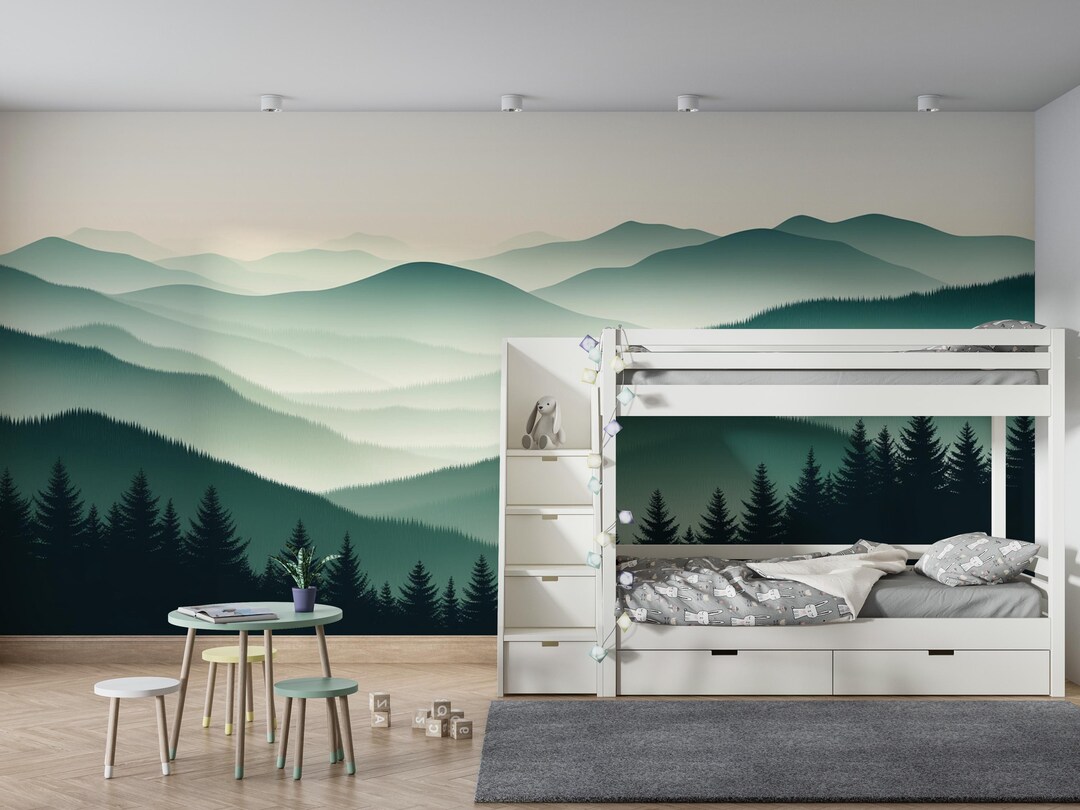Emerald Reverie | Green Mountain Forest Mural | Misty Landscape Wall ...