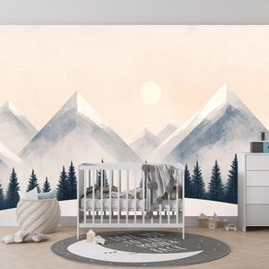 Frosted Haven | Winter Mountain Mural | Snowy Pine Landscape Wallpaper | Scandinavian Peel and Stick | BL05K