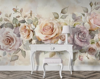 Vintage roze bloemenmuurschildering | Romantisch aquarelbehang | Elegante botanische muurkunst | Tijdloze tuin | MU71