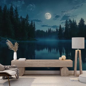 Silent Moon | Tranquil Forest Lake Mural | Midnight Blue Nature Art | Night Landscape Wallpaper | BL115N