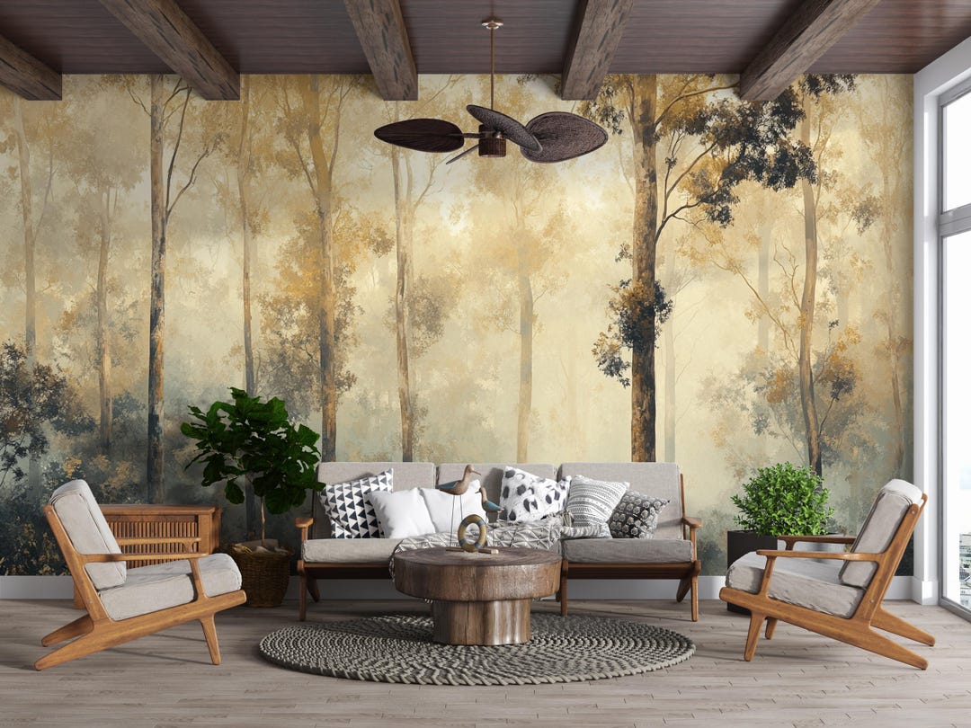 Neutral Forest Golden Mist Forest | Neutral Tree Wallpaper | Elegant Woodland Mural ...