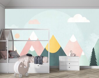 May include: A child's bedroom with a mountain-themed mural in pastel colors. A white bed with a house-shaped frame, a white dresser, and a toy stroller are in the room. The mural features mountains, clouds, and a sun.