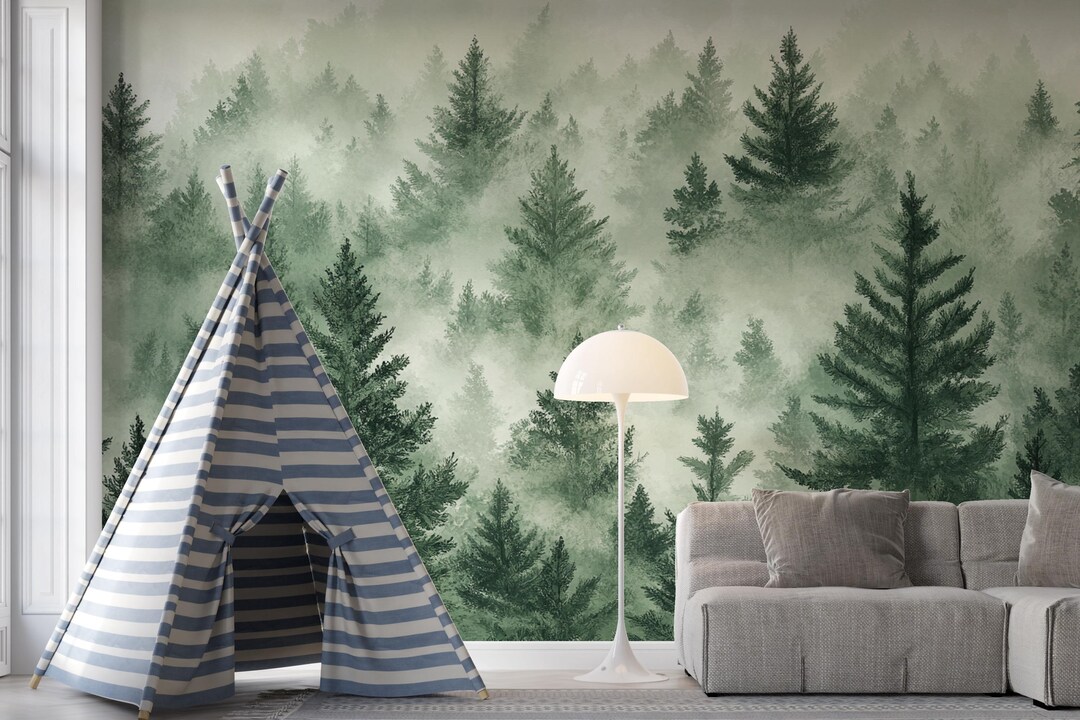 Forest Wallpaper | Pine Tree Wall Mural | Misty Green Nursery Decor ...