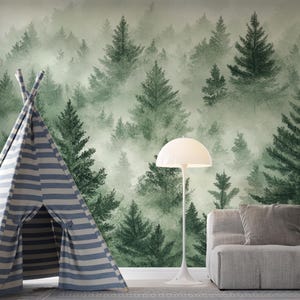 Emerald Pines Forest Mural | Dark Green Pine Tree Wallpaper | Misty Evergreen Wall Mural | BL57N