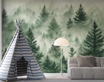 Emerald Pines Forest Mural | Dark Green Pine Tree Wallpaper | Misty Evergreen Wall Mural | BL57N