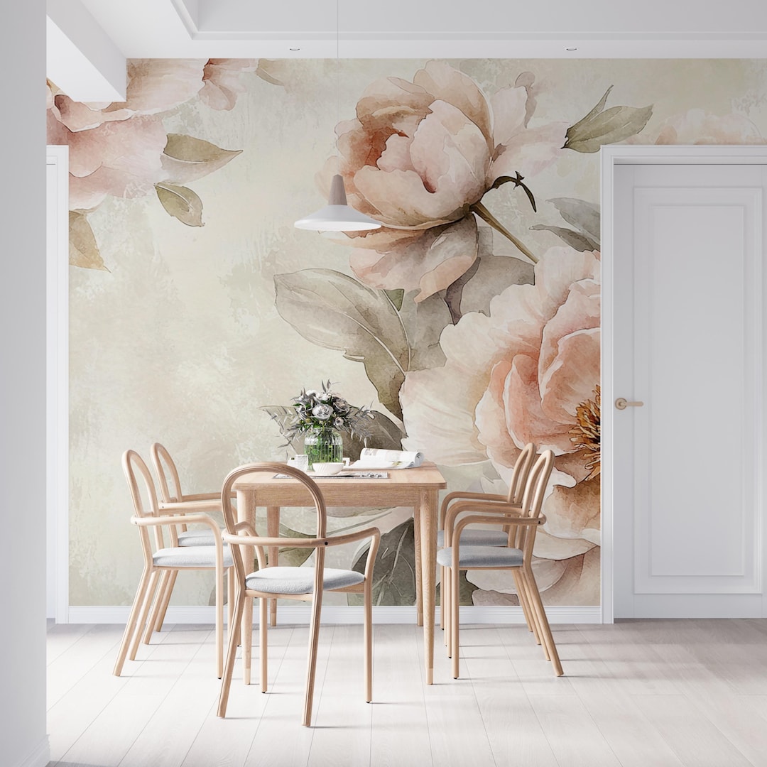 Blush Peony Bloom | Watercolor Floral Mural | Romantic Flower Wallpaper ...