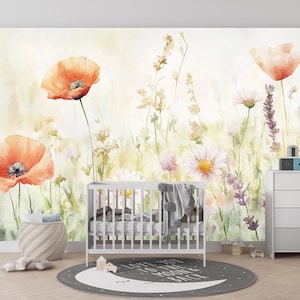 Peach Poppy Field | Peach Poppy Wildflower Mural | Soft Watercolor Floral Wallpaper | Meadow Mural | Spring Garden Wall Art | BL40K