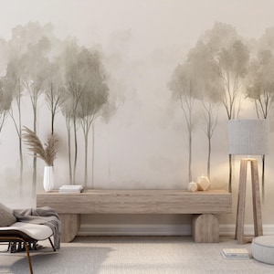Whispergrove | Murale minimaliste forêt brumeuse en gris doux et neutres | Papier peint arbre scandinave | Aquarelle Art de la forêt | BL136N