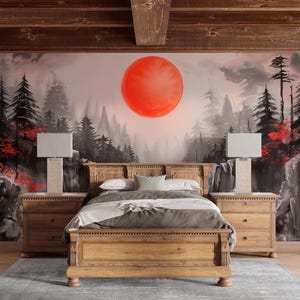 May include: A bedroom scene featuring a wooden bed frame, matching nightstands, and two lamps with rectangular shades. The focal point is a mural depicting a forest landscape with a large red sun. A gray rug is on the floor.
