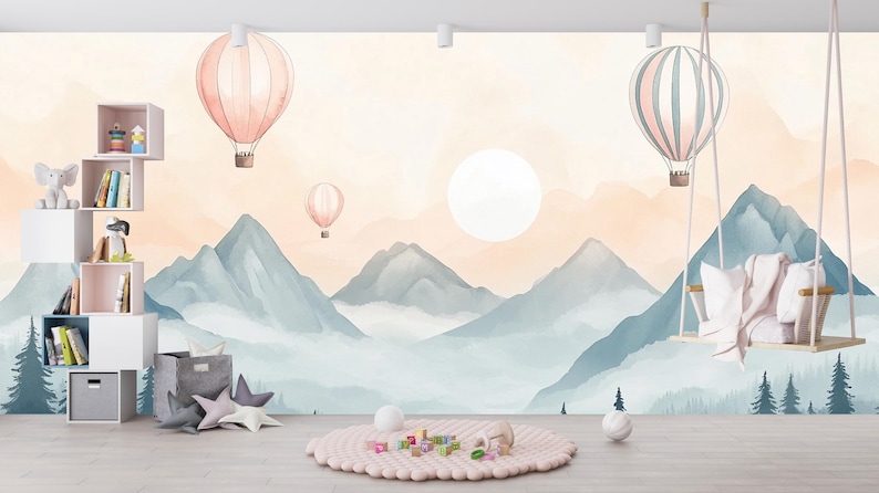 Hot Air Balloon Wall Mural Wallpaper | Misty Mountain Nursery Scene ...