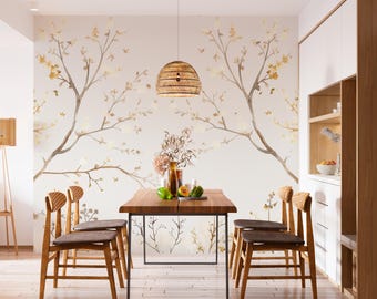 Golden Canopy Grove | Neutralna fototapeta z motywem drzewa | Elegancka, naturalna samoprzylepna tapeta | B157