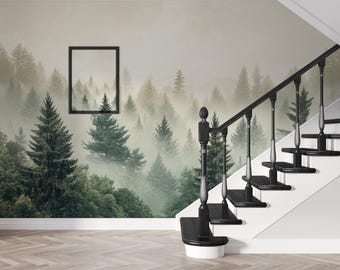 Whispering Pines | Misty Pine Forest Wall Mural | Neutral Green Woodland Wallpaper | Scandinavian Landscape | BL54N