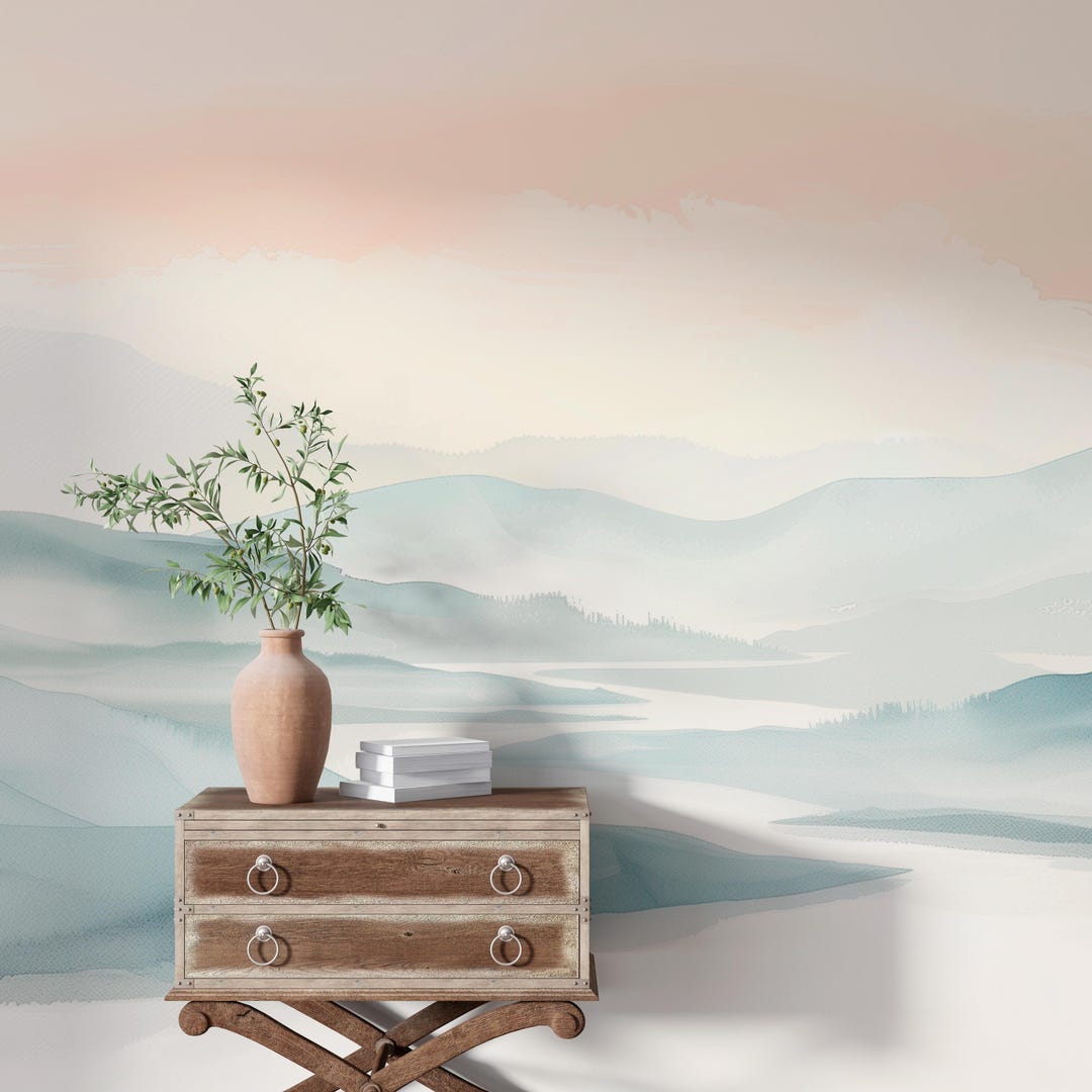 Misty Horizon | Watercolor Mountain Mural | Soft Neutral Landscape Peel ...