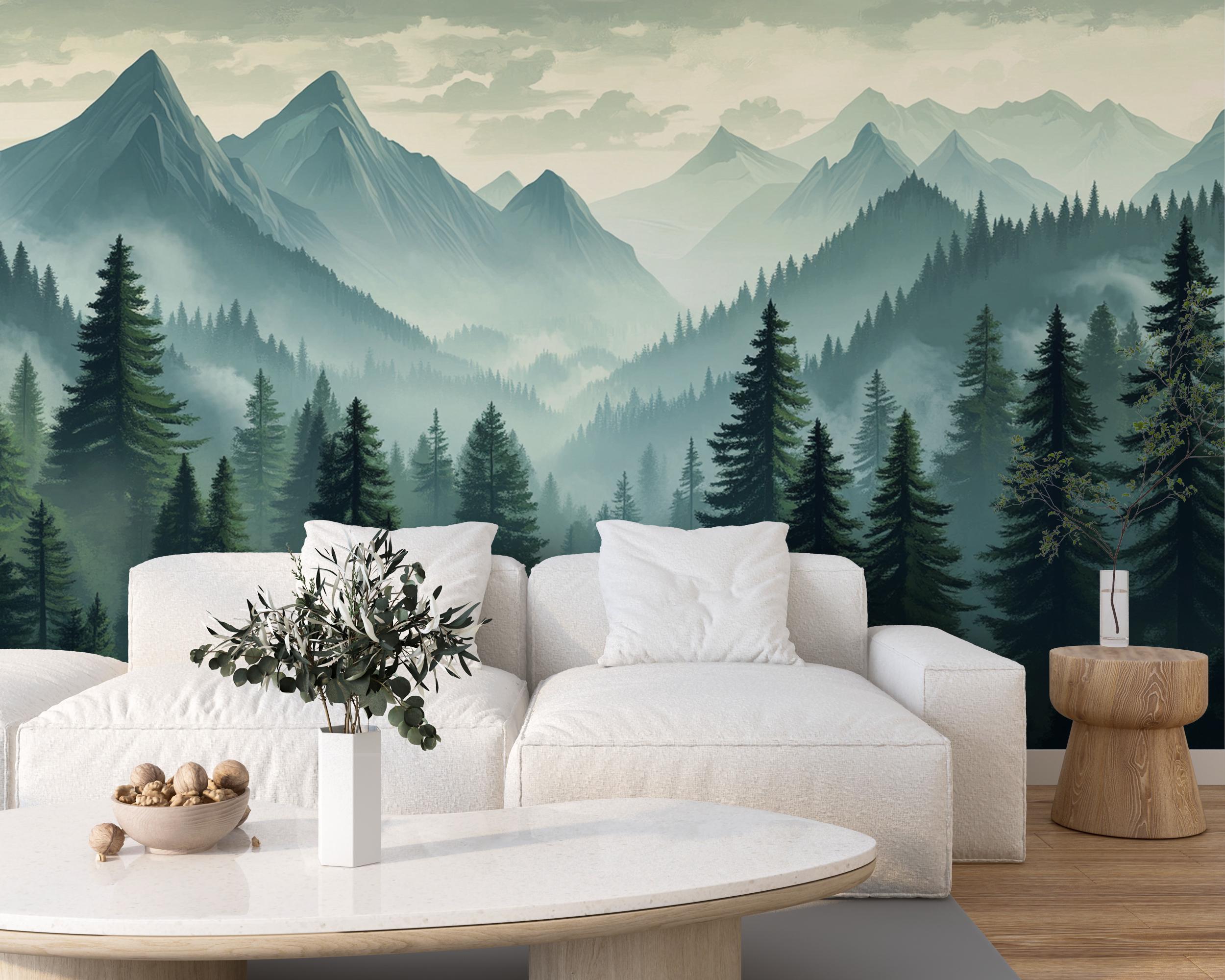Mountain Wallpaper | Pine Forest Wall Mural | Misty Green Landscape ...
