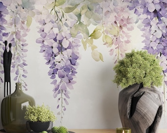 Wisteria Whisper | Watercolor Hanging Flower Mural | Soft Purple Botanical Peel & Stick Wallpaper | BL10F