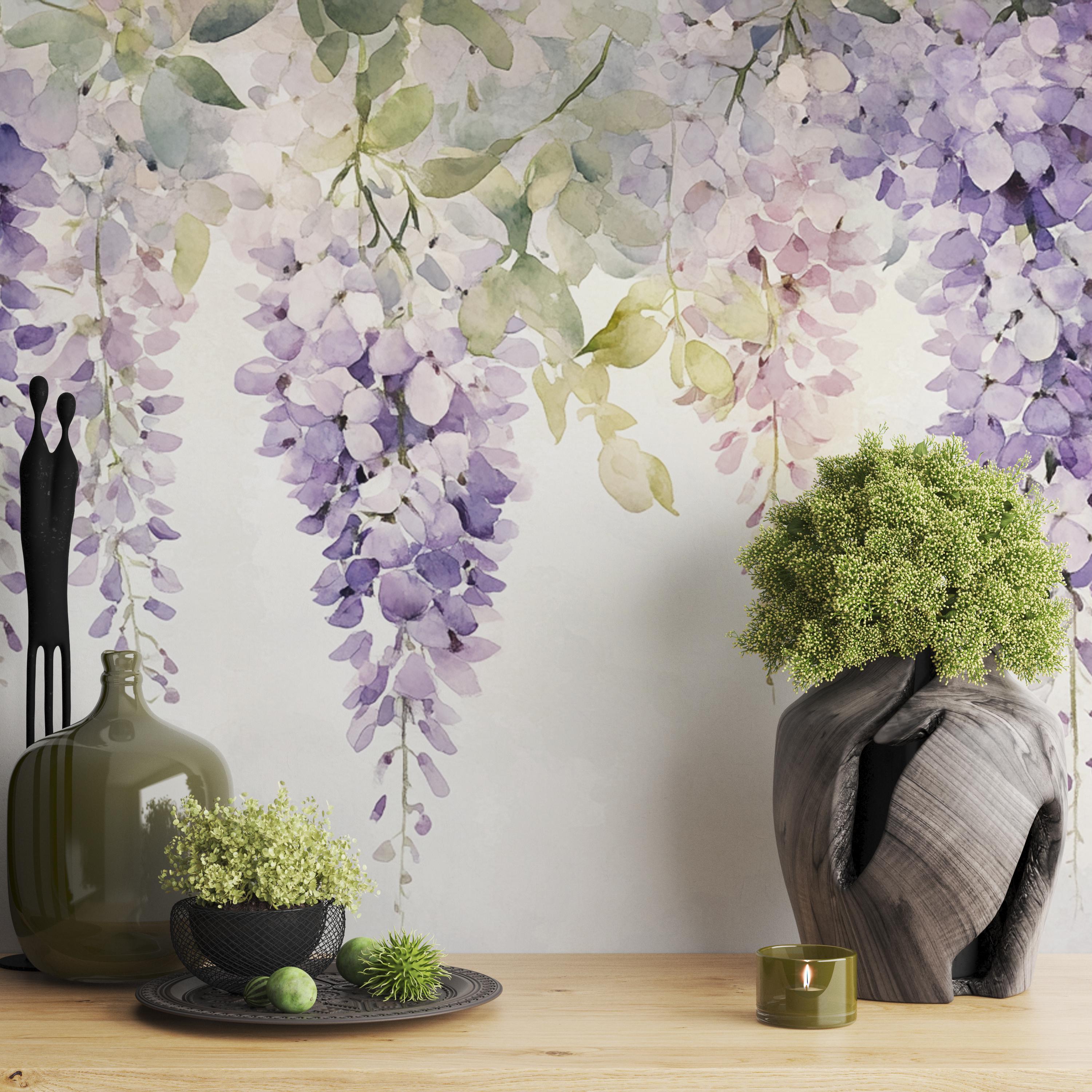 Wisteria Whisper | Watercolor Hanging Flower Mural | Soft Purple ...