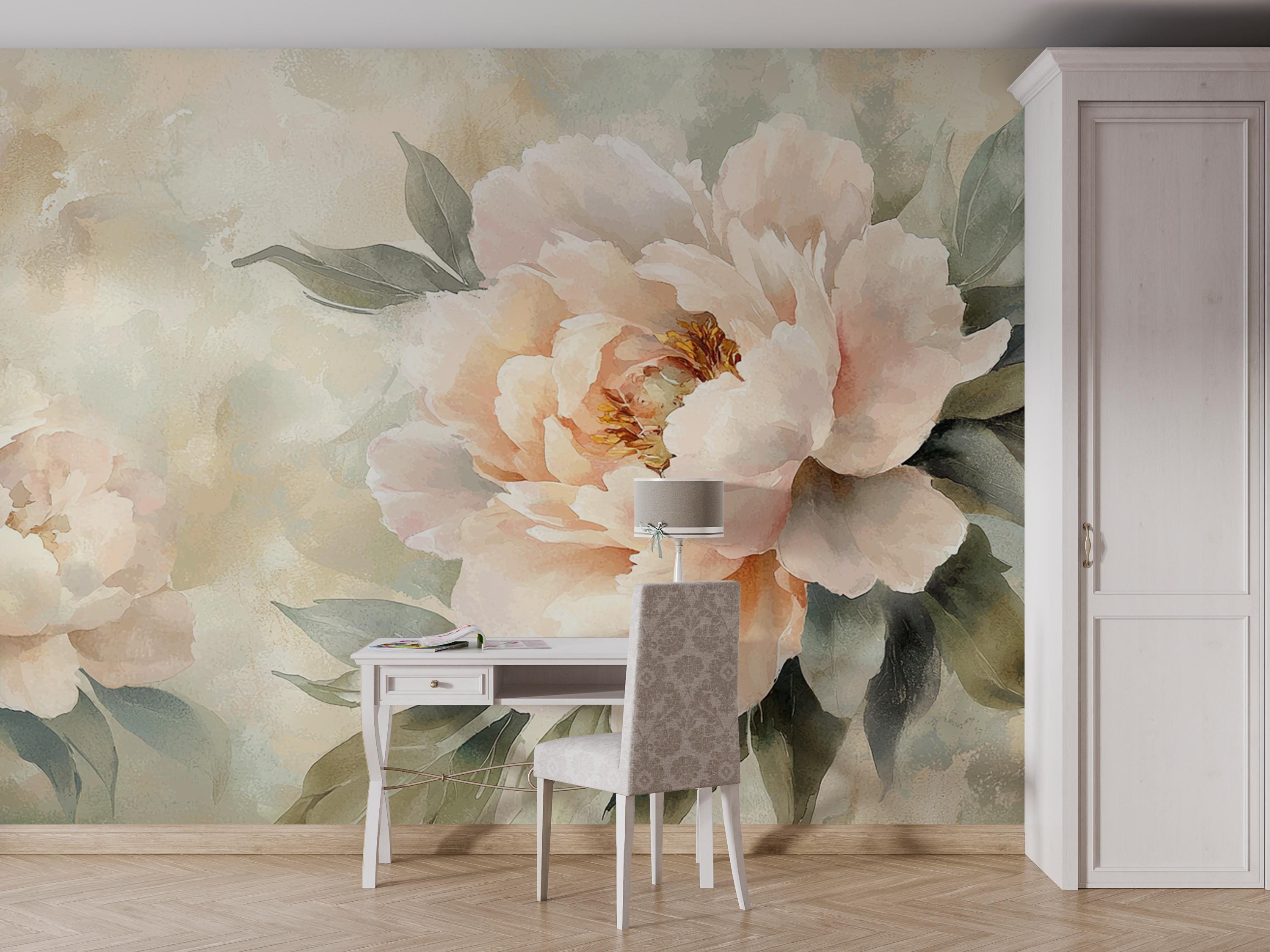 Blush Peony Mural | Watercolor Floral Wallpaper | Soft Pastel Flower ...