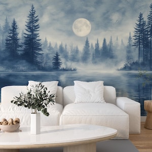 Lunar Stillness | Blue Moonlight Forest Lake Mural | Misty Night | Tranquil Full Moon Landscape | BL121N