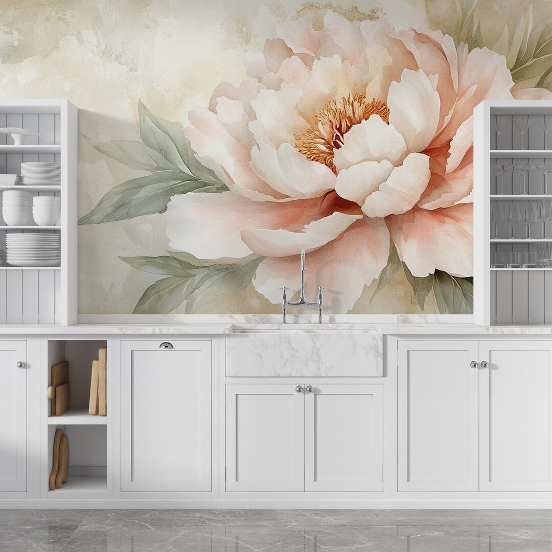 Blush Peony Elegance | Watercolor Flower Mural | Romantic Floral ...