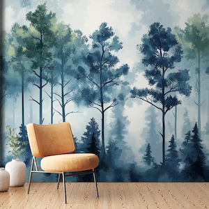 Misty Evergreen Horizon Wall Mural | Foggy Pine Forest Wallpaper | Blue Green Forest Peel and Stick Mural | Tranquil Nature Decor | BL23N