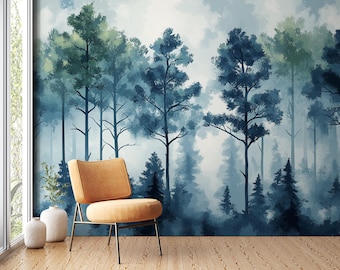 Misty Evergreen Horizon | Foggy Pine Forest Wallpaper | Blue Green Forest Mural | Tranquil Nature | BL23N