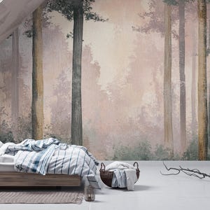 Whispering Pines | Soft Neutral Forest Mural in Beige and Sage | Textured Woodland Wall Art | Elegant Tree Wallpaper | BL133N