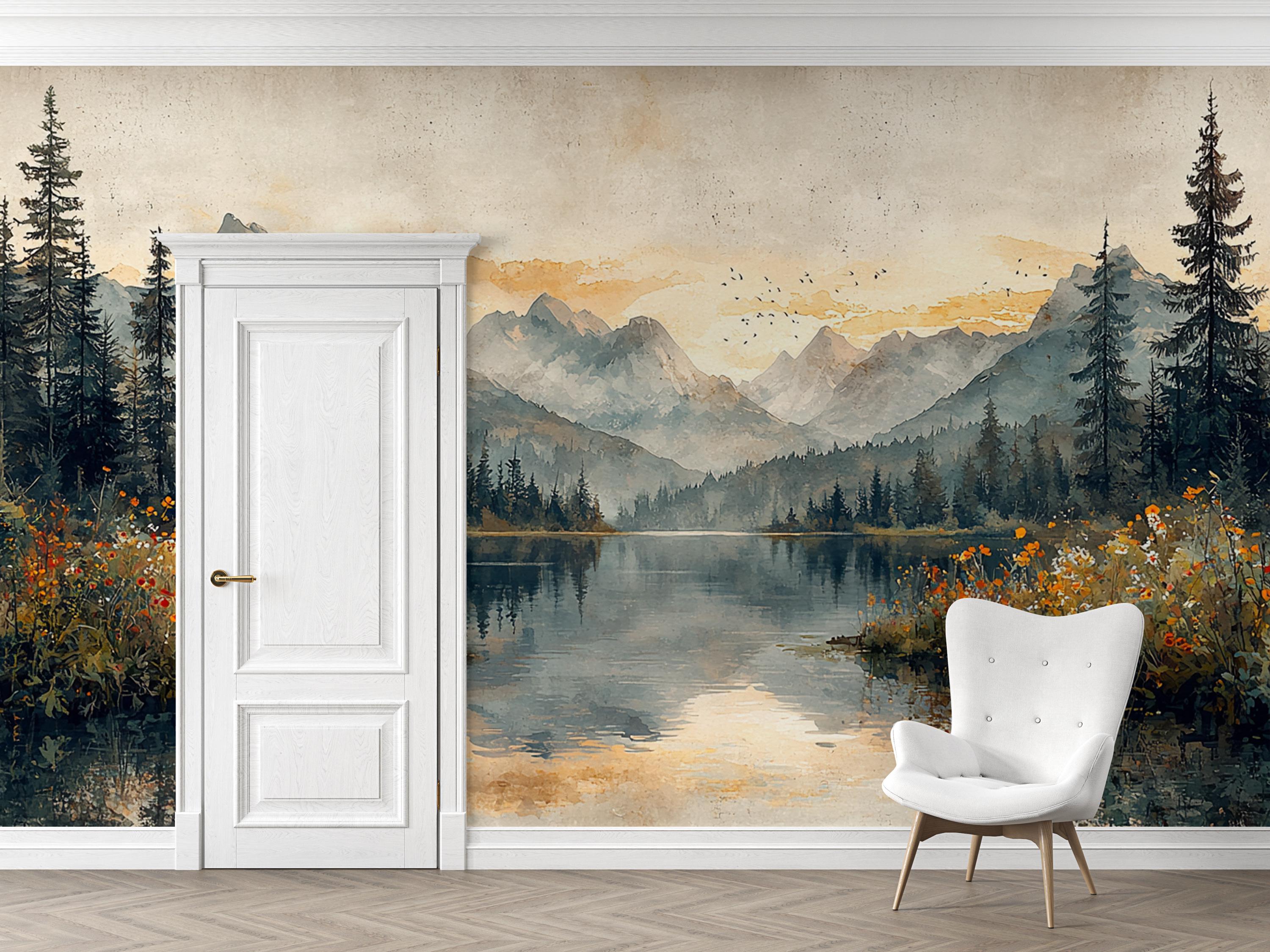 Wildflower Reflections | Sunset Mountain Mural | Scenic Lake Wallpaper ...