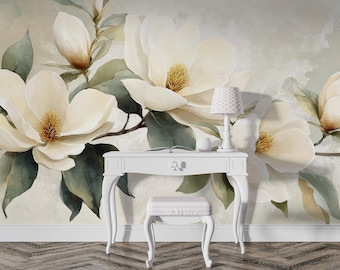 Murale Magnolia Whisper / Carta da parati botanica neutra / Elegante arte murale floreale / BL29F