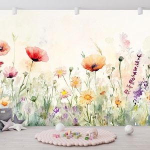 Wildflower Whisper | Watercolor Wildflower Wall Mural | Colorful Floral Field Wallpaper | Spring Meadow | Boho Garden Mural Art | BL39K