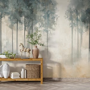 Fogveil Pines | Misty Forest Wall Mural in Neutral Beige & Blue-Grey | Watercolor Woodland Wallpaper | Tall Tree Wall Art | BL135N