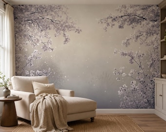 Blossom Reverie | Mural z wiśnią | Tapeta z motywem kwiatowym | Romantyczny kwiat | Delikatny beżowy motyw sakury | BL42N