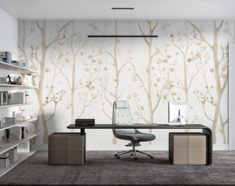 Sylwetka w kolorze kości słoniowej | Neutralny mural z drzewem | Beżowa minimalistyczna tapeta leśna | Delikatna i spokojna dekoracja ścienna | B164