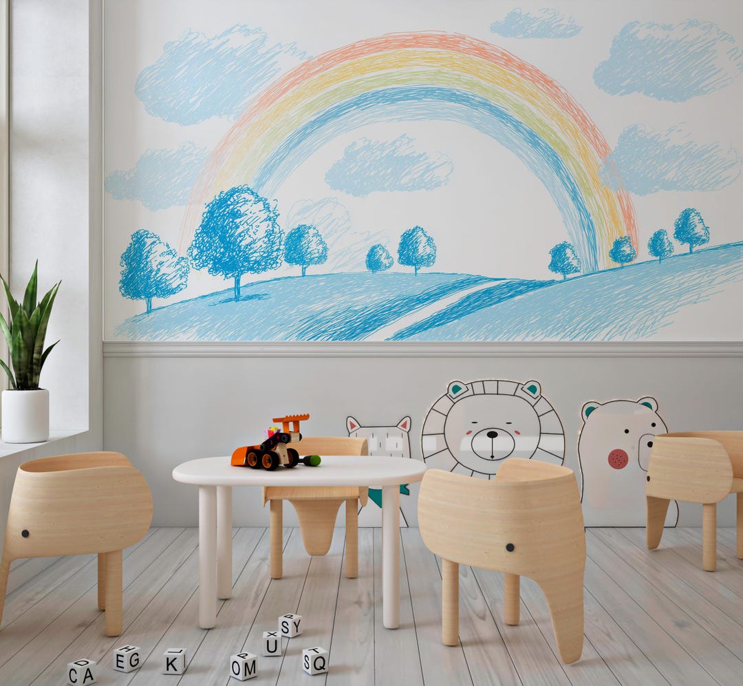 Rainbow Meadow | Kids Rainbow Wall Mural | Pastel Sky Nursery Wallpaper ...