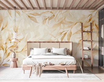 Golden Drift | Sepia Leaf Mural | Elegant Botanical Peel and Stick Wallpaper | A83